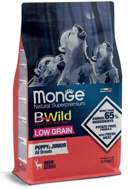 Monge Bwild Dog Szarvas Low Grain – Deer – All Breeds Puppy & Junior 2,5 kg