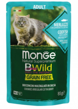 Monge Cat Grain Free – Chunkies irregular cut in gravy – Codfish with Shrimps and Vegetables – Adult